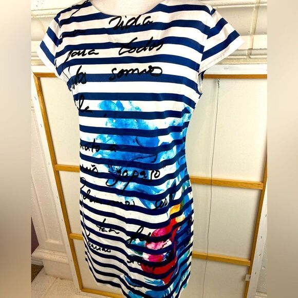 Desigual Spain Fabulous Graphic striped dress w/cap sleeves& splash of color - Picture 2 of 7